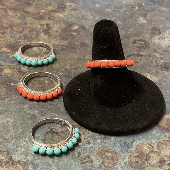 Turquoise and Coral Beaded Sterling Silver 4 Stack Rings - Picture 5 of 6